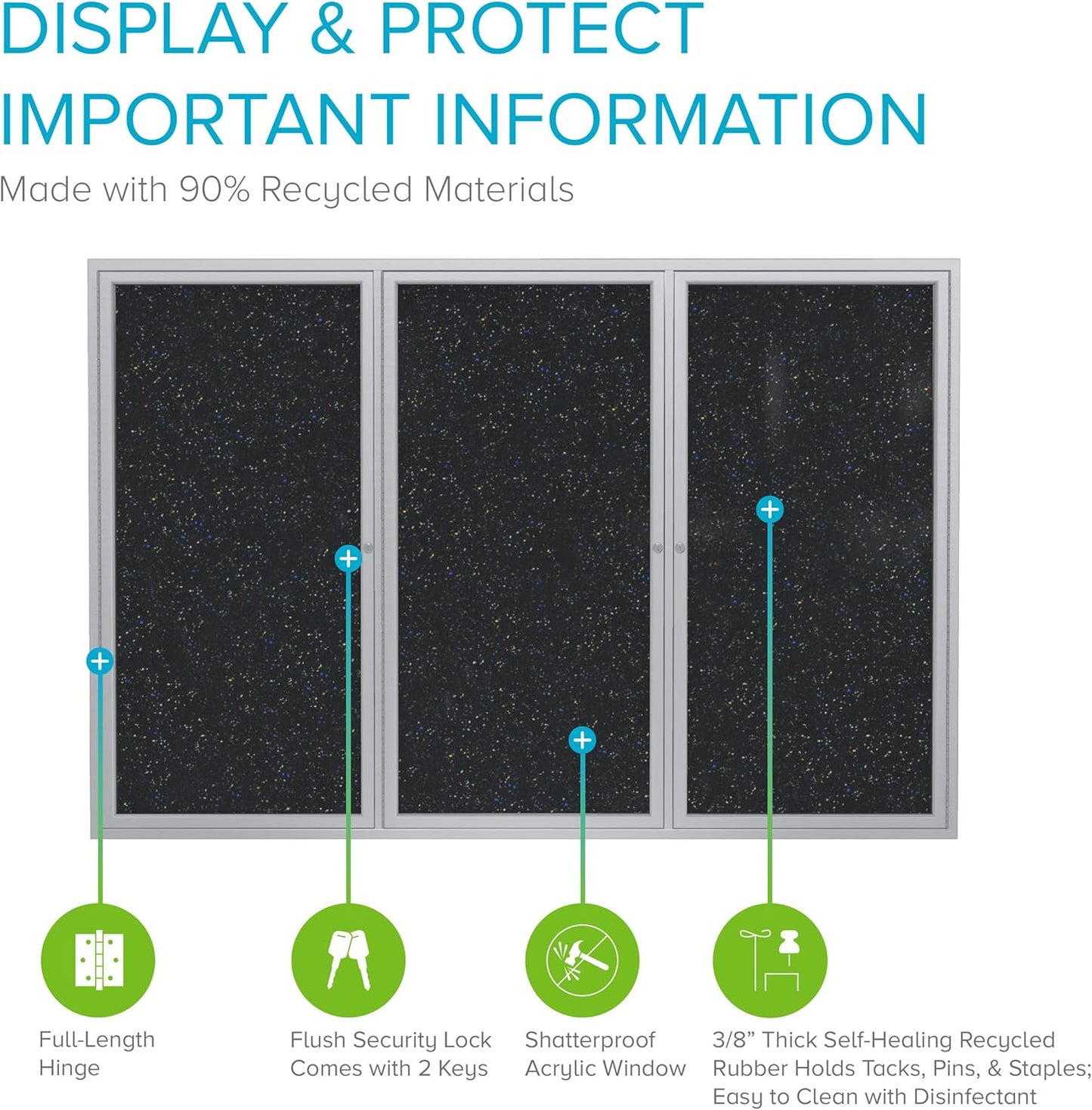 Ghent 48" x 72" 3-Door indoor Enclosed Recycled Rubber Bulletin Board, Shatter Resistant, with Lock, Satin Aluminum Frame,Confetti (PA346TR-CF),Made in the USA