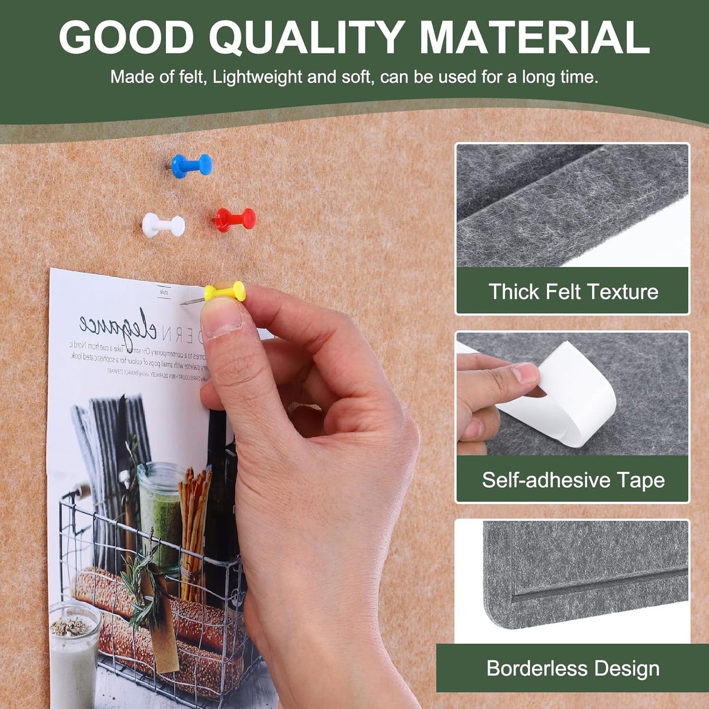 YOKIVE Felt Bulletin Board, 24 x 18 -Inch Foldable Decorative Pin Board Self Adhesive Felt Cork Board with 20 Pushpins, Great for Wall, Photo Display, Paste Note, Schedule(Gray)