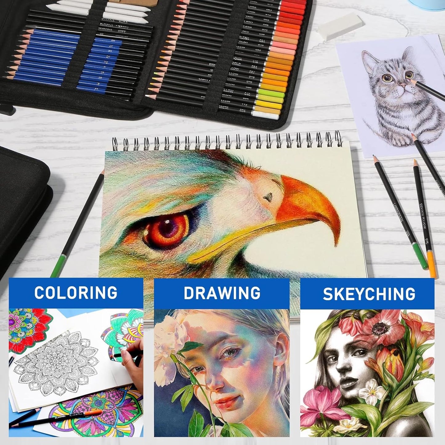 146Pcs Drawing and Sketching Colored Pencils Set, Art Supplies Include Sketch Charcoal Colored Metallic Watercolor Graphite Mark Pencils, Professional Drawing kit and Sketchbook for Artists Adult