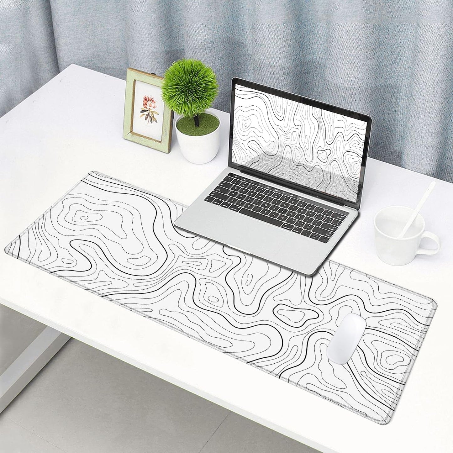 Mouse Pad Large, Extended XL Gaming Mousepad, Non-Slip Rubber Base Minimalist Keyboard Mouse Mat Desk Pad for Work, Game, Office, Home, 31.5 x 11.8 in, White Topographic Map Lines
