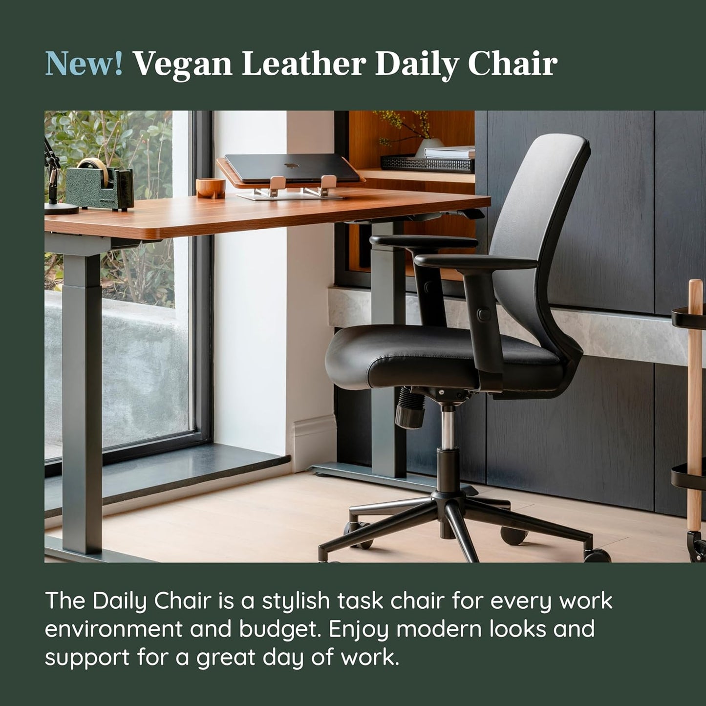 Branch Daily Chair - Vegan Leather Office Chair with Swivel, Lumbar Rest, and Adjustable Armrests - Comfortable Seating for Improved Posture and Productivity - Black