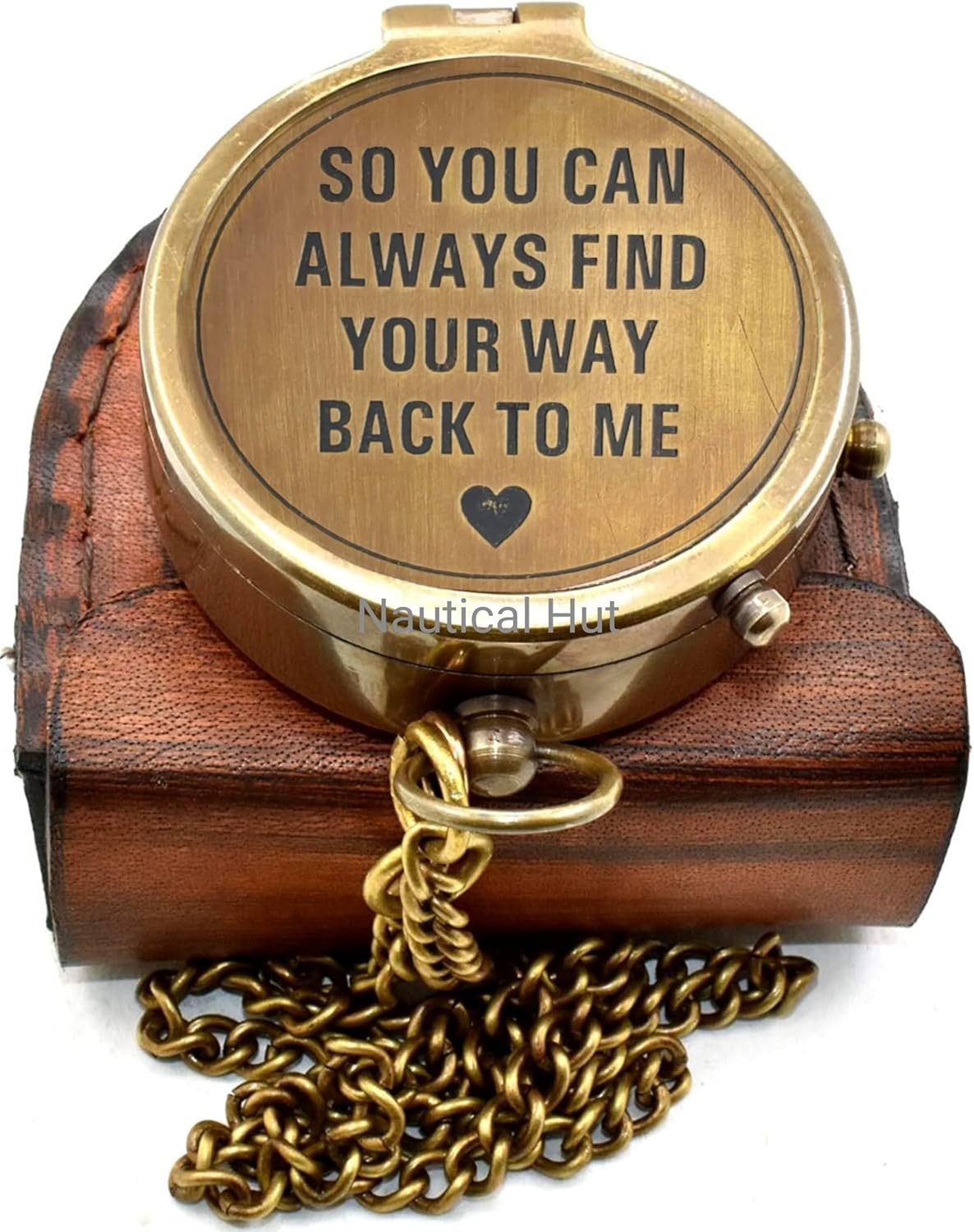 “So You Can Always Find Your Way Back Home” Engraved Brass Compass With Premium Leather Case & Chain - Brass Pocket Compass - Personalized Compass Gift For Hiking,Husband, Him, Her,Son, Graduation Day