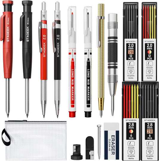 17 Pack Mechanical Carpenter Pencil Set with Sharpener 40 Refills, Automatic Center Punch, Carbide Scribe Tool, Eraser and Deep Hole Marker Pen, Heavy Duty Construction Pencil for Architect with Pouch
