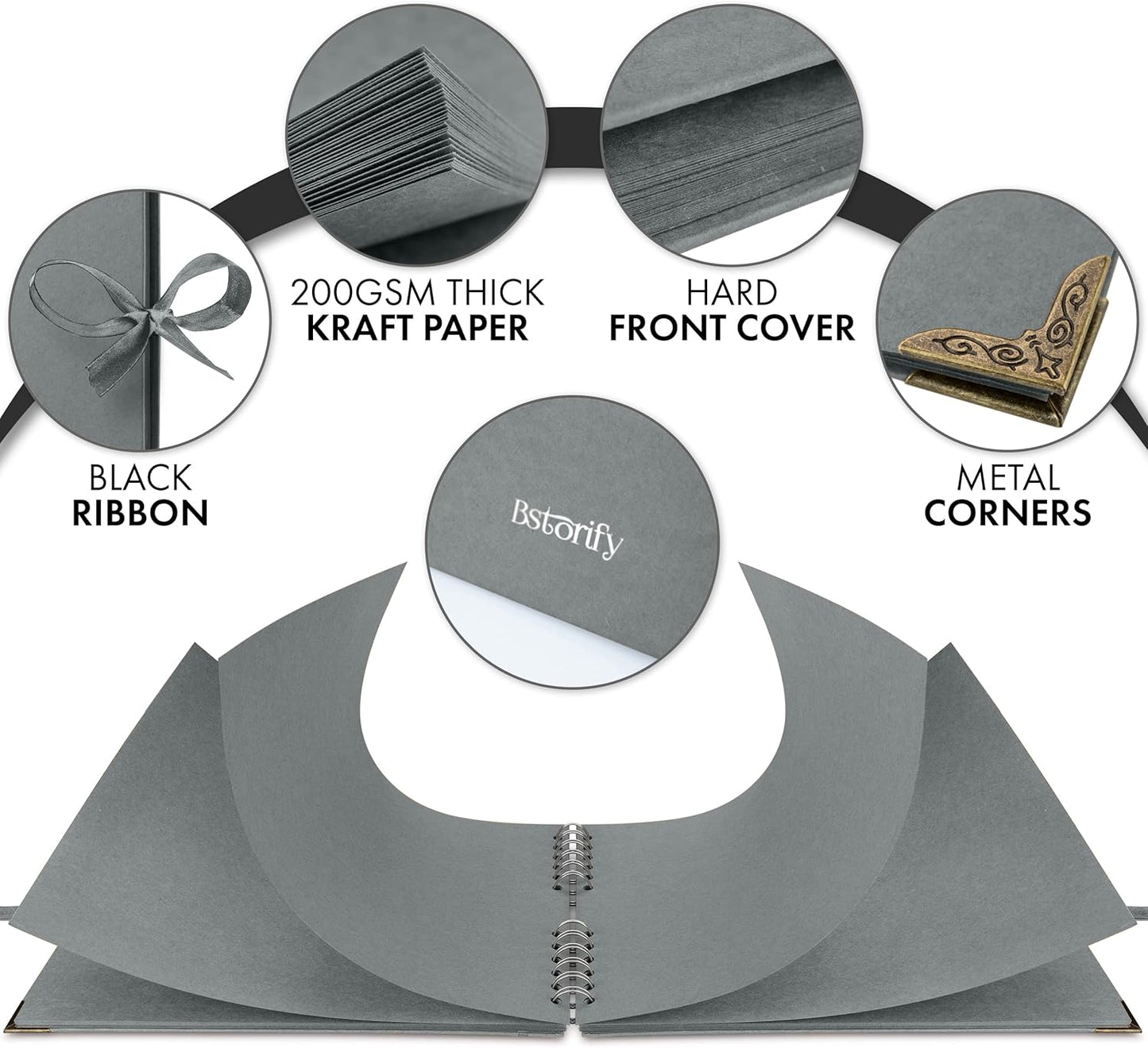 Bstorify Square Scrapbook Photo Albums 50 Pages (11 x 8.5 Inch) Grey Thick Paper, Hardcover, Ribbon Closure - Ideal for Your Scrapbooking Albums, Art & Craft Projects (Grey, 11 x 8.5 Inch)