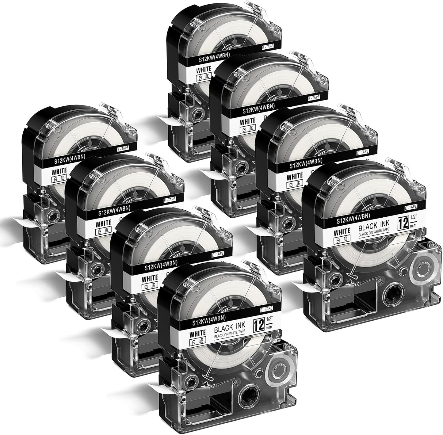 Anycolor LK-4WBN Replace for Epson Label Maker Tape LC-4WBN SS12KW 12mm 0.47" Label Tape Refill Used for Epson LabelWorks LW300 LW400 LW600P LW700, Black on White, 1/2" x 26', 8-Pack