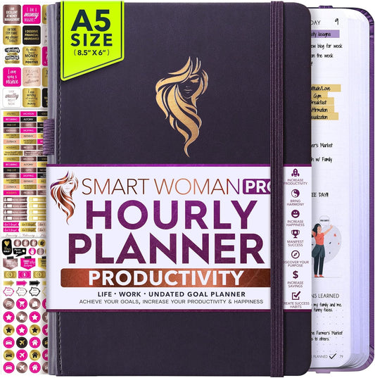 Hourly Planner - Undated Daily, Weekly & Monthly Planner with Budget Section | A 12 Month Journey to Increase Productivity & Happiness | Life Organizer & Gratitude Journal - Vertical Format
