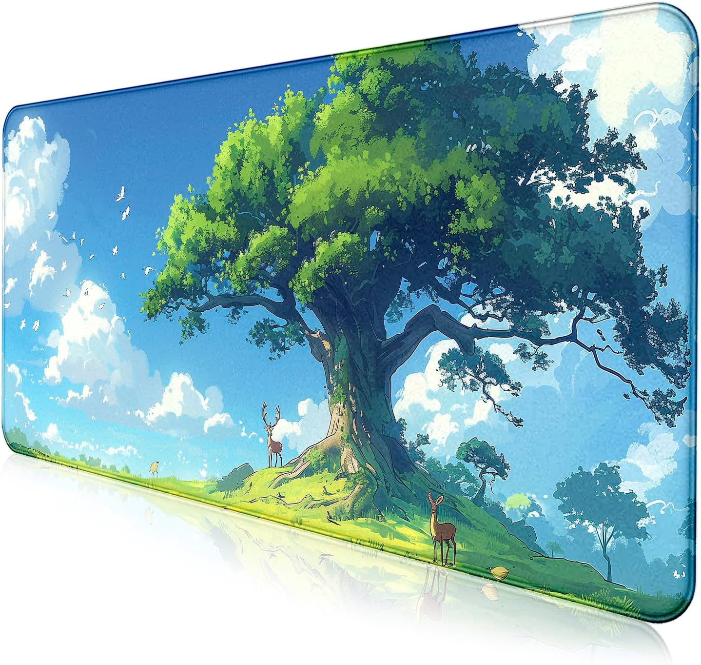 Simple and Cute Anime Landscape Computer Mouse Pad, Large Green Plant Outdoor Landscape Office Desk Pad, 35.4 x 15.7 x 0.12 Inch Sewn Edge Non Slip Rubber Base Mouse Pad