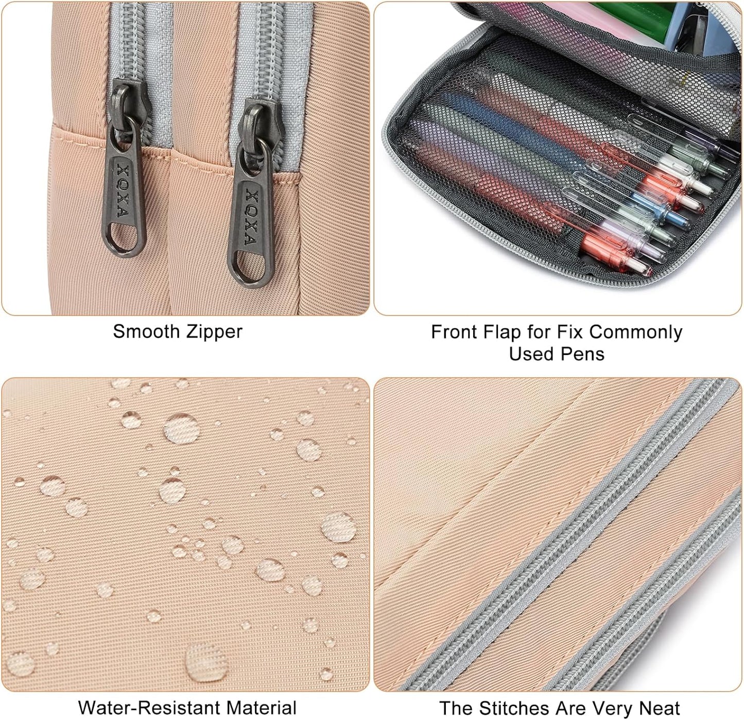 XQXA Pen Pouch Large Capacity Pencil Case Organizer, Multifunctional Pencil Pouch with 3 Compartmens, Big Pencil Bag for Office Travel Men Women Adult (01-Creamy Rice)