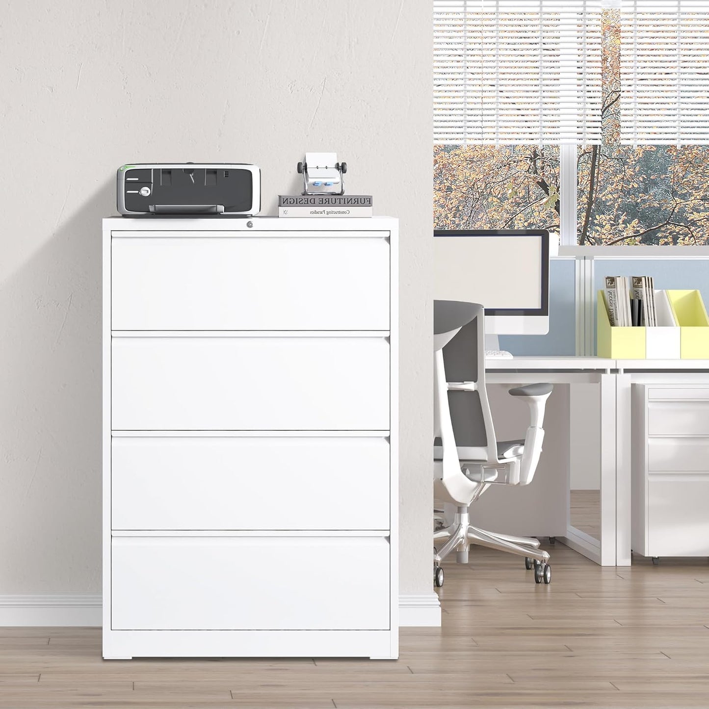 Locking Filing Cabinet with 4 Drawer Heavy Duty Large Metal Cabinet Home Office White Lateral File Cabinets Wide Steel Cabinets for Legal/Letter Size File,Assembly Required