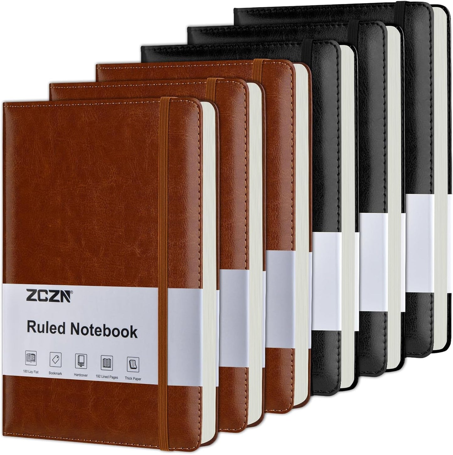 ZCZN 6 Pack Lined Journal Notebooks, 192 Pages A5 Hardcover Leather Journals for Work,Writing,School & Travel, College Ruled Journaling Notebooks for Notes Taking,Diary Notepad (Black*3+Brown*3)