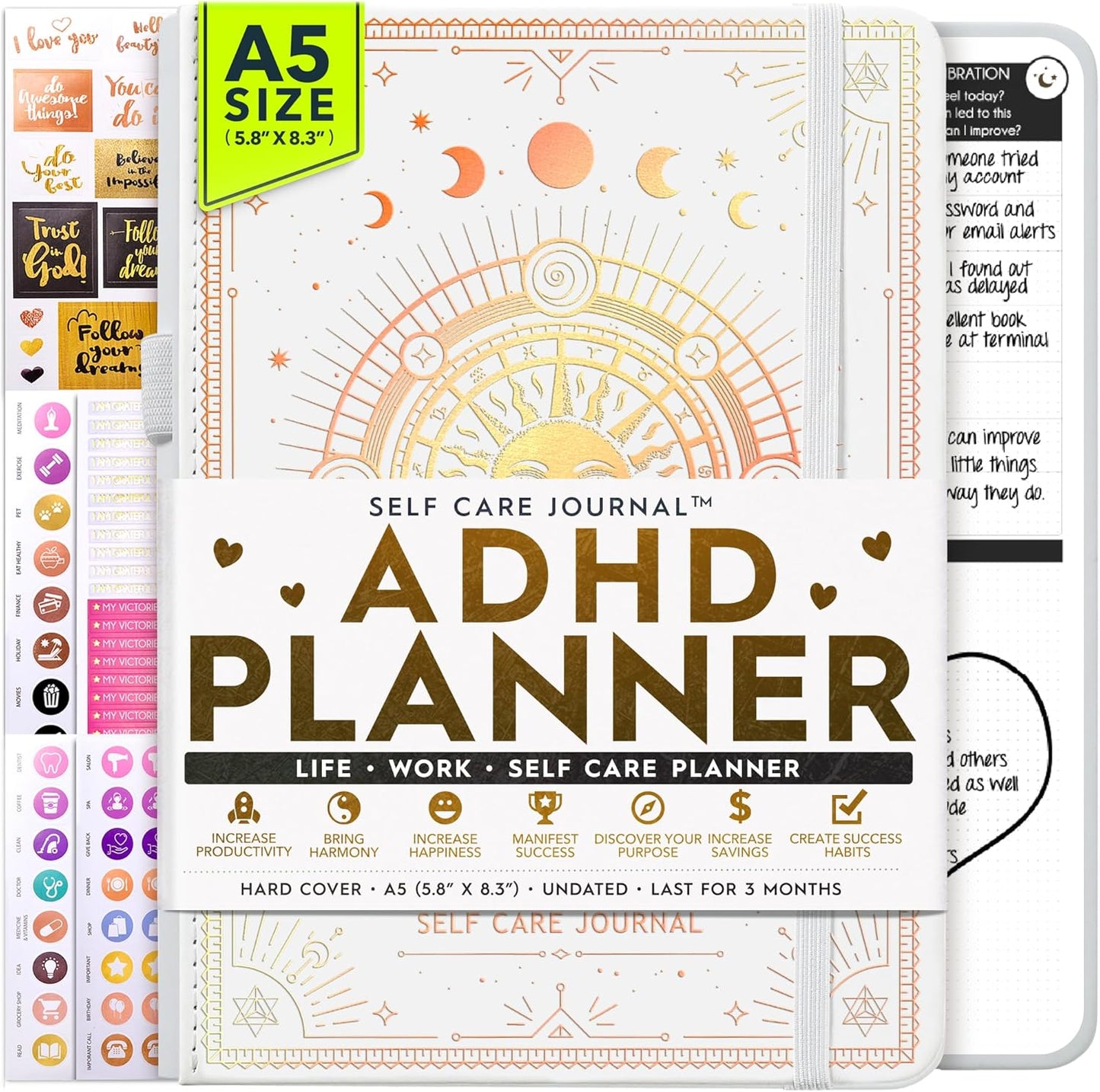 Adhd Daily Planner - A Self Care Personal Gratitude Journal to Increase Productivity and Success in Life & Work, Weekly & Monthly Undated Planner for Women and Men, Vision Board & Organizer + Stickers