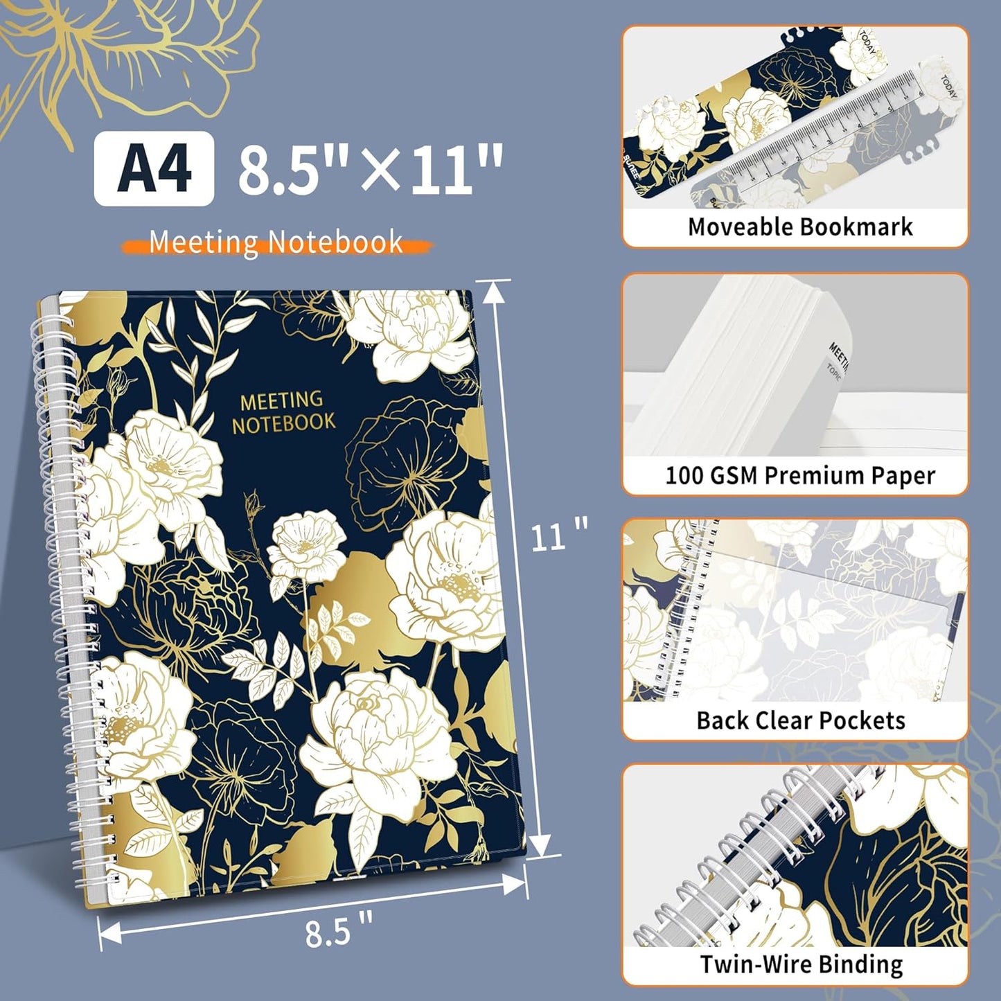 SUNEE Half Meeting Half Note - 8.5"x11" Professional Notebooks for Work - 160 Pages, A4 Size Project Planner, Spiral Meeting Agenda/Minutes Organizer for Women Men, Note Taking, Office & Business