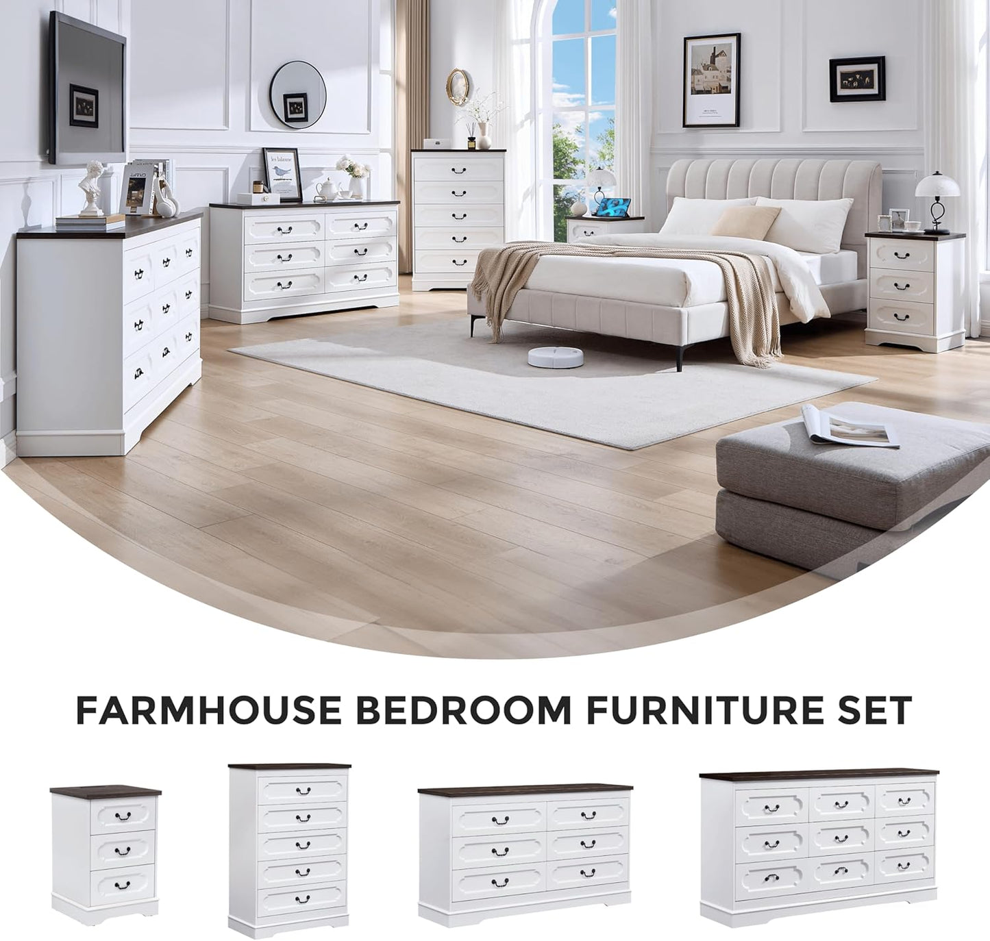 LIDYUK 5 Drawer Dresser for Bedroom Farmhouse White Wood Chest of Drawers for Bedroom Dresser, Rustic 46" Tall Wide Drawers Dressers Wooden Closet Storage Cabinet, Hallway, Living Room