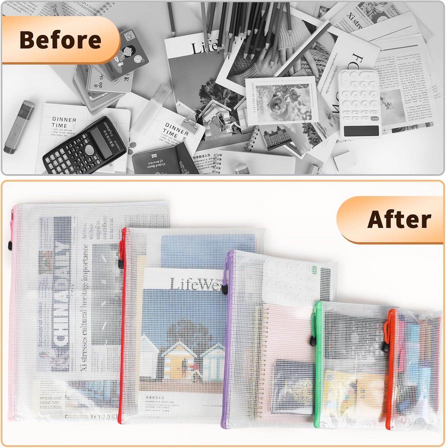 Umriox Zipper Mesh Document Pouch, 13.0 x 9.0 in (6 Colors, 18 Packs), Clear Zipper Pouches, Waterproof Zipper Pouches for Office Supplies Cosmetics Travel Storage