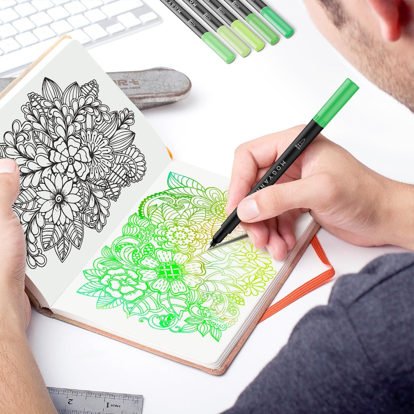 Mogyann Green Markers, 12 Pack Dual Brush Pens Drawing Markers for Art Sketching