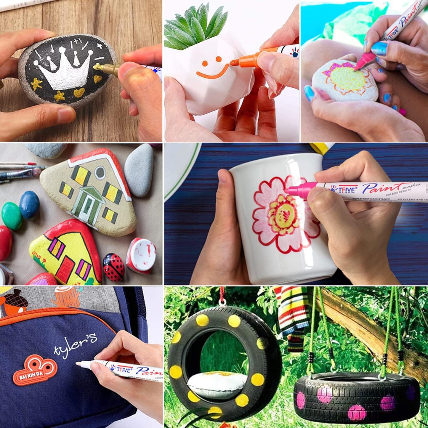 TFIVE Paint Pens Paint Markers Never Fade Quick Dry and Permanent, 12 Color Oil-Based Waterproof Marker Pen Set for Rock Painting, Ceramic, Wood, Fabric, Plastic, Canvas, Glass, Mugs