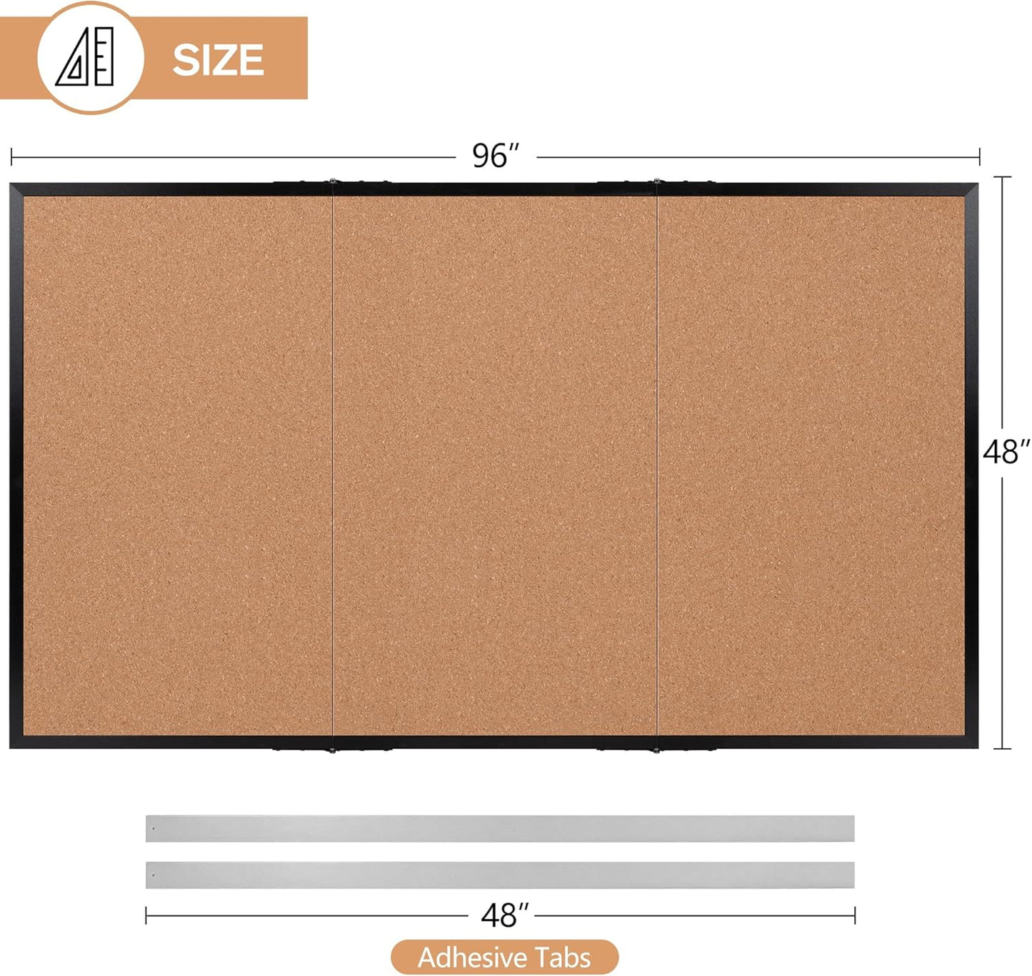 Board2by Extra Large Cork Bulletin Board 96" X 48", Foldable Notice Pin Board for Wall, Black Woodm Framed 8'x4' Corkboard, Wall Mounted Noticeboard with 32 Push Pins for School, Home & Office