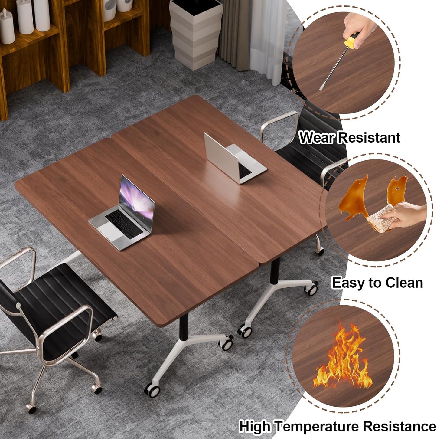 Folding Conference Table, Modern Large Conference Room Tables with Flip-Top Design, Foldable Conference Table Meeting Table with Wheels, Mobile Seminar Training Tables for Office Classroom (4, Brown)