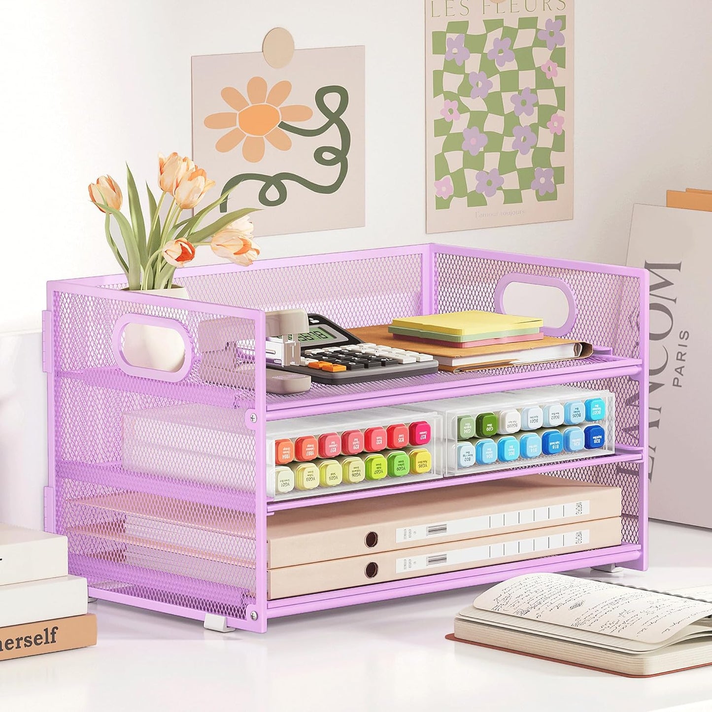 Subekyu 3 Tier Letter Tray Paper Organizer with Handle and 1 PC Sliding Tray, Purple Metal Mesh Desk File Folder Paper Sorter Organizer for Home Office School Desk Supplies Organization Storage