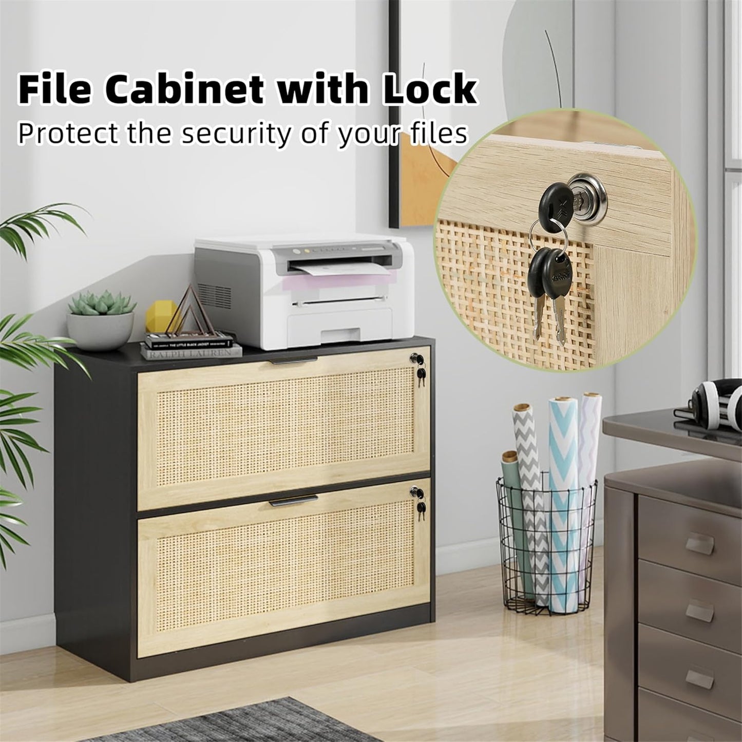 HOPUBUY 2 Drawer File Cabinet with Lock, Printer Stand Lateral Filing Cabinets for Home Office and School, Wood Rattan File Cabinet for Hanging Files/Letter/Legal/A4/F4 Size, Black