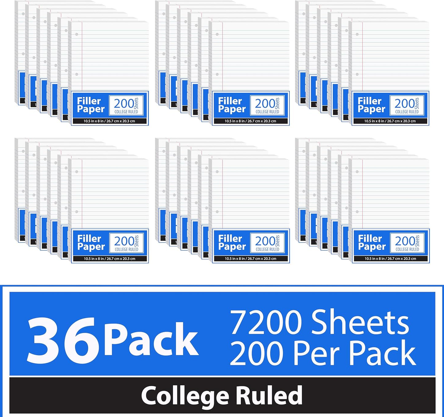 Notebook Paper, College Ruled Loose Leaf Paper (36 Pack Bulk), Filler Paper, 10.5” x 8”, 200 Sheets Per Pack, 60 gsm (36 Pack)