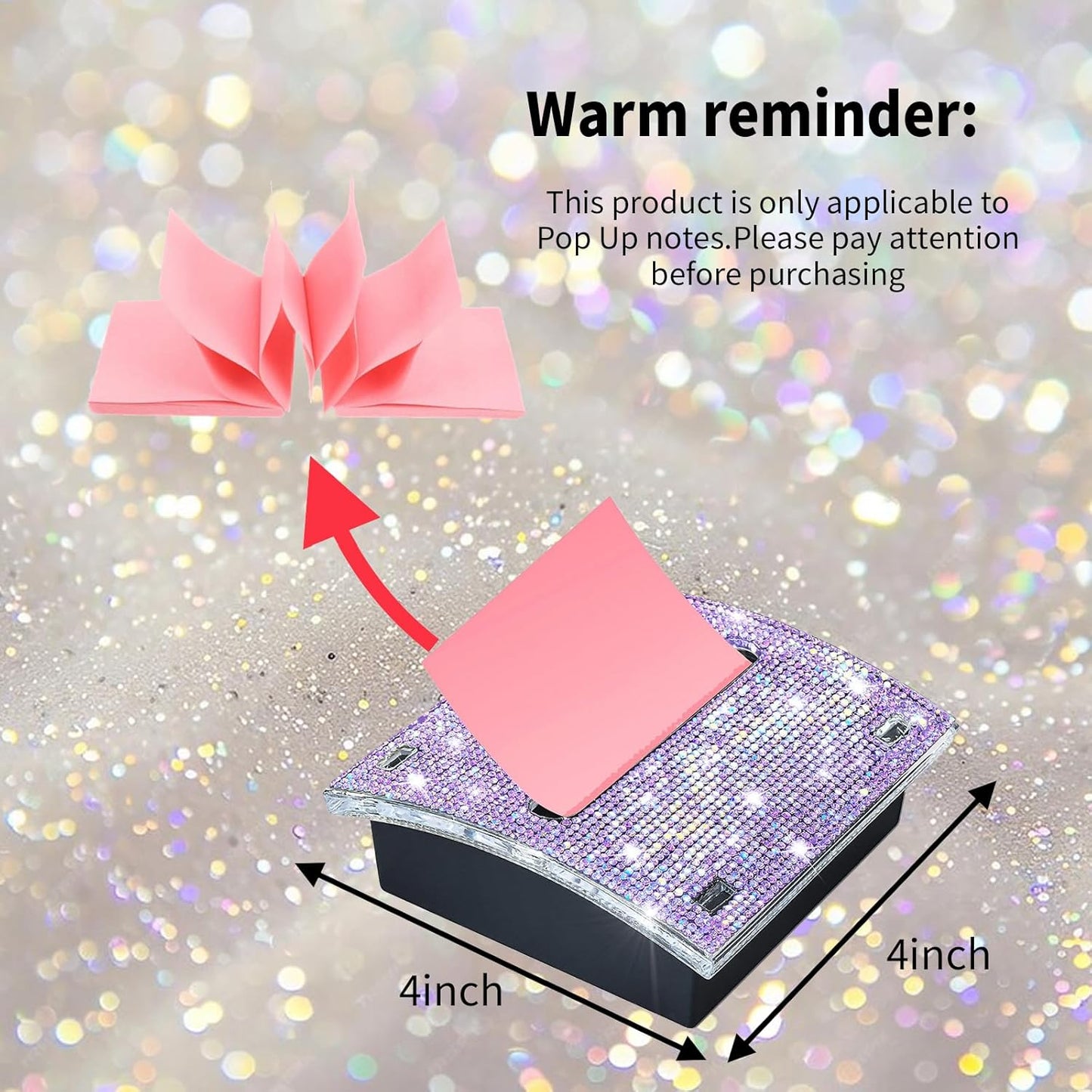 Rhinestone Self Sticky Note Holder Post it Note Dispenser Pop-Up Sticky Notes Dispenser 3 x 3 inch Post it Dispenser for Office Desk Accessories(Purple)