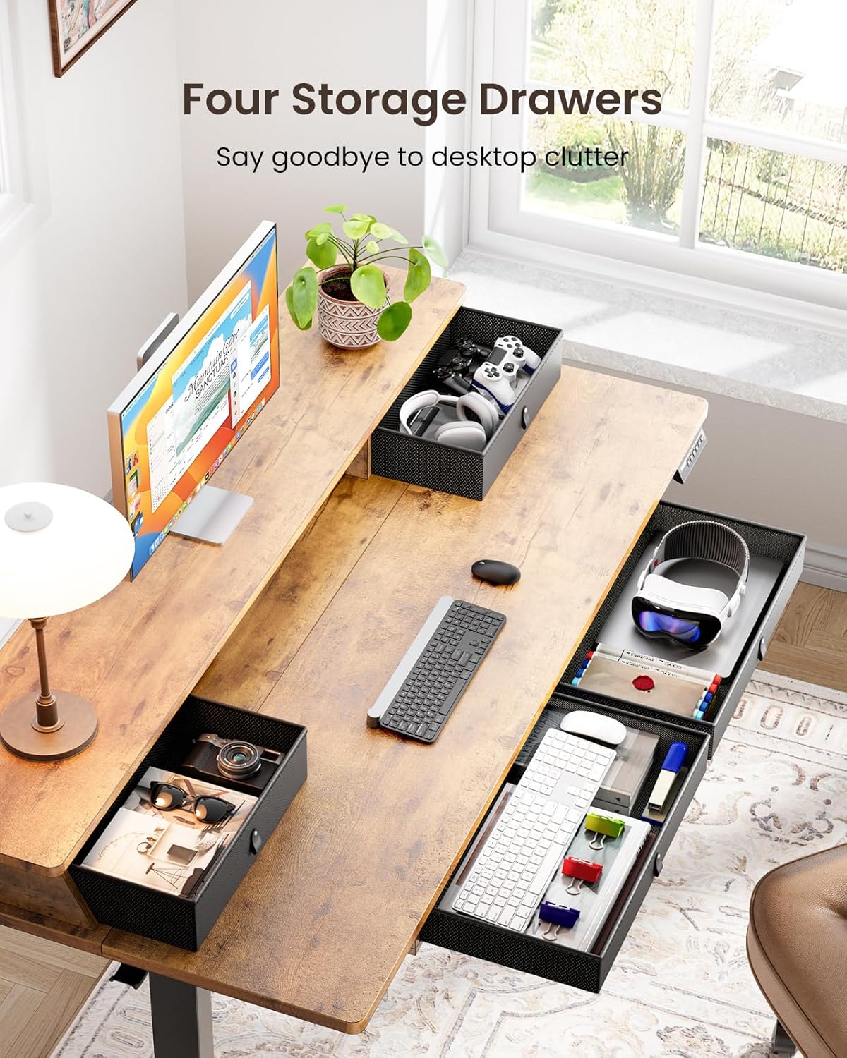 ErGear Electric Standing Desk with 4 Drawers, 63" x 30" Height Adjustable Desk with Storage, C-Clamp Mount Compatible, Computer Home Office Table with Cable Management Tray, Vintage Brown