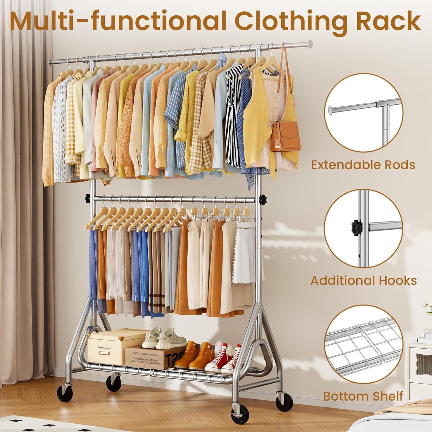 Heavy Duty Clothes Rack for Hanging Clothes, Double Rods Clothing Rack with Lockable Wheels, Rolling Garment Racks with Shelf, Easy to Assemble, Silver