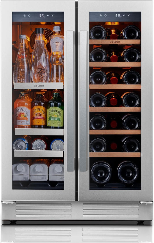 Ca'Lefort 24 Inch Wine and Beverage Refrigerator - 60 Can and 20 Bottle Wine Fridge Dual Zone 36-72°F, 3 LED Beverage Cooler Built in or Freestanding, Perfect for Home/Kitchen(4.10 cu.ft)
