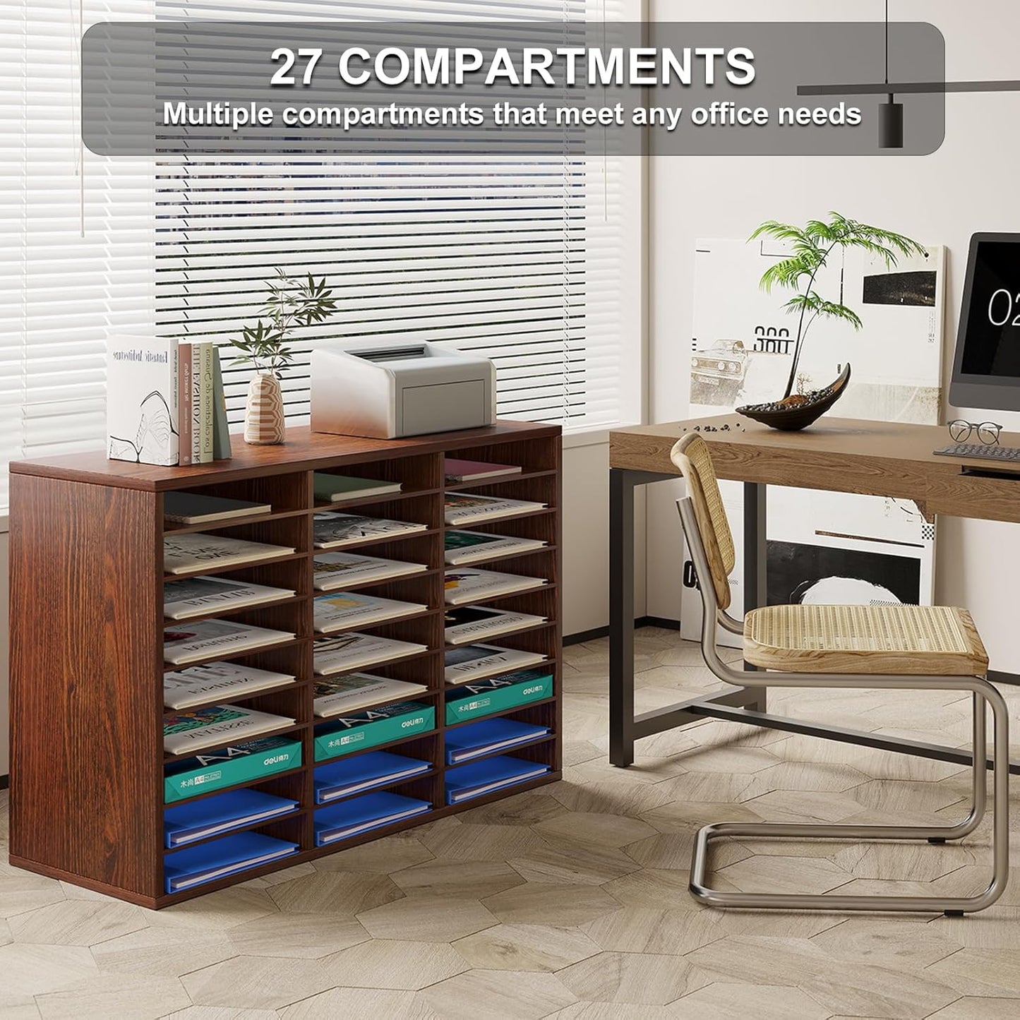 PAG Mail Sorter Organizer, Wood Literature Organizer, Student Mailbox for Classroom, Desktop Bill Paper Organizer for Office Home School, 27 Compartments, Brown