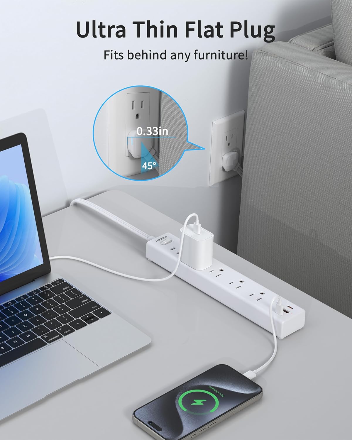 Flat Plug Power Strip, 10 Ft Ultra Thin Flat Extension Cord, Surge Protector with 5 Outlets & 3 USB Ports (2 USB C), 1700 Joules, Wall Mount, Desktop Charging Station for Home Office Dorm, White