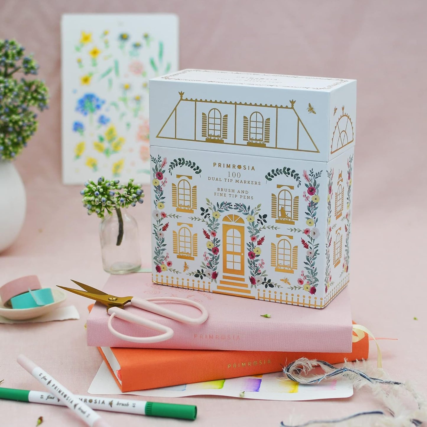 Primrosia 100 Dual Tip Marker Pens, Fineliner and Watercolor Brush Pens for Art Sketching Illustration Calligraphy or Journals Drawing Coloring