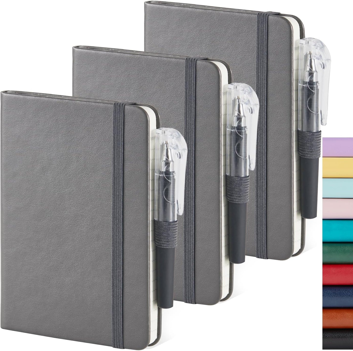 Small Pocket Notebook Journal for Men/Women, 3 Pack A6 Mini Small Notepad Note Book 3.7" x 5.7" with Pen Holder for Work Travel Writing, Leather, Grey