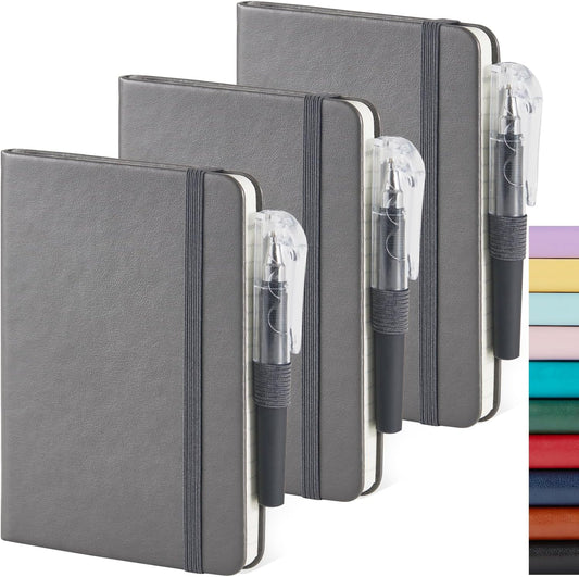 Small Pocket Notebook Journal for Men/Women, 3 Pack A6 Mini Small Notepad Note Book 3.7" x 5.7" with Pen Holder for Work Travel Writing, Leather, Grey