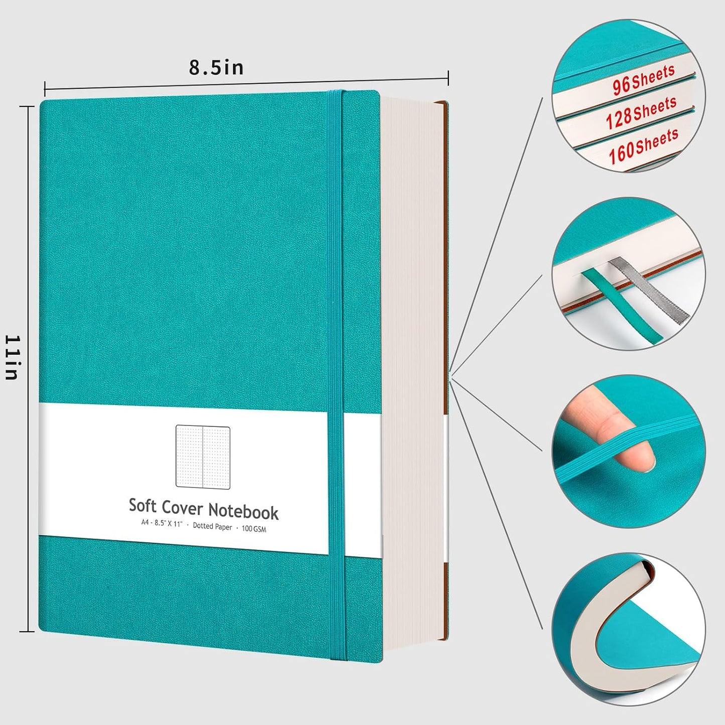 AHGXG Bullet Dotted Journal - Large A4 Notebook Dotted, 8.5''×11'', 320 Pages Dot Grid Notebook, 100gsm Thick Paper, Leather Softcover, with Journal Stencils, Inner Pocket - Cyan