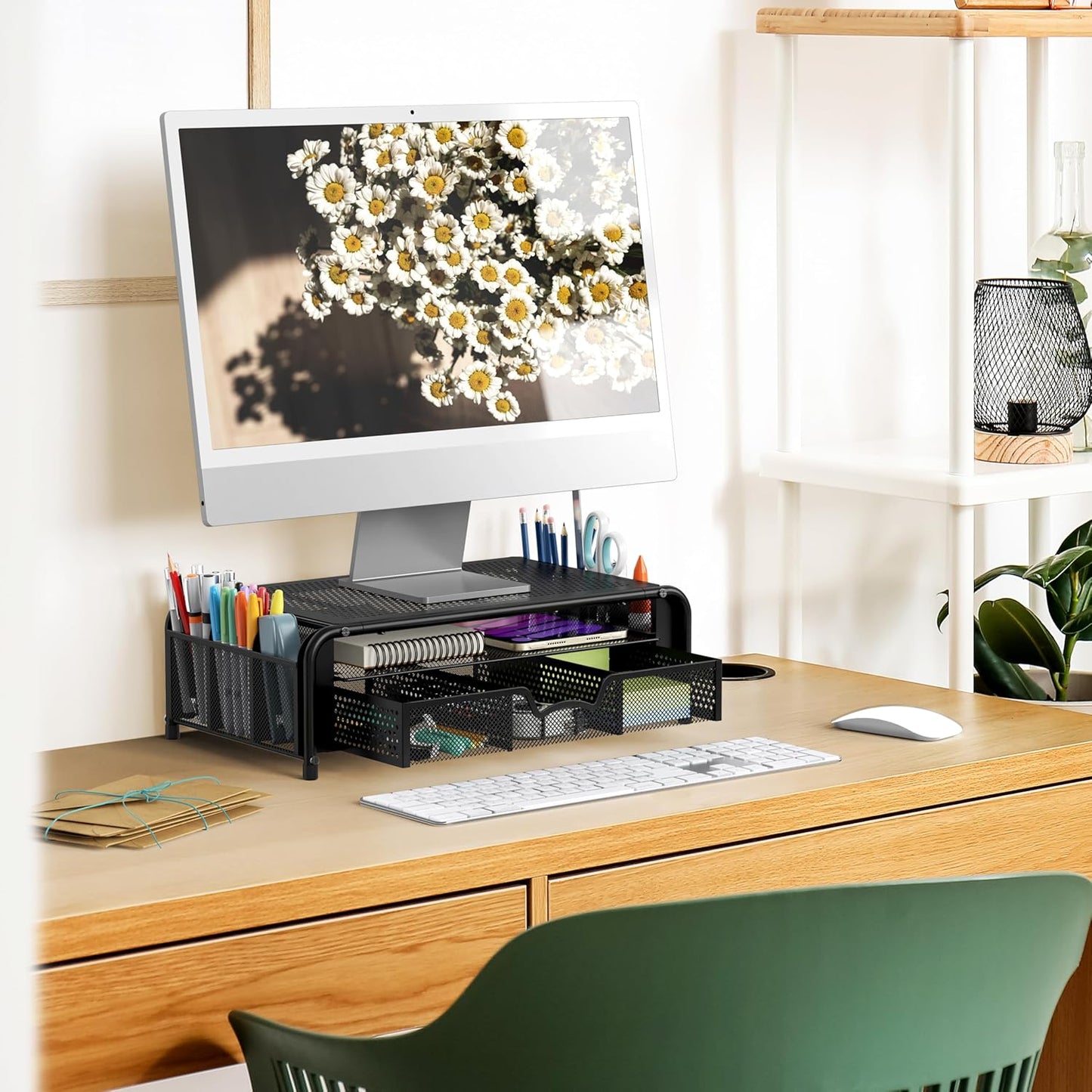 Simple Houseware Monitor Riser Stand with Pull-Out Drawer and Pen Holders, Black