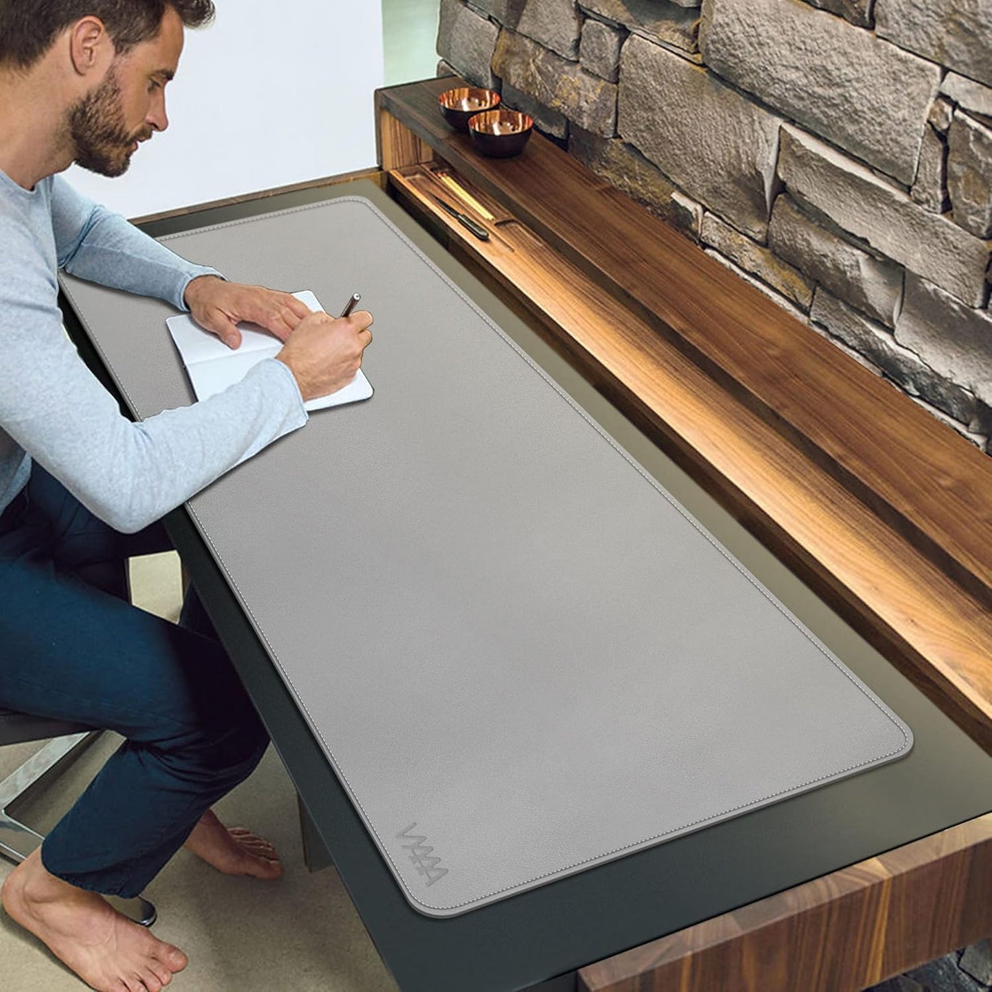 VYAAA Leather Desk Mat, 55"×24" Large Mouse Pad, Desktop Protector for Desk, Multifunctional Keyboard Mouse Pad for Home or Office (Light Gray)