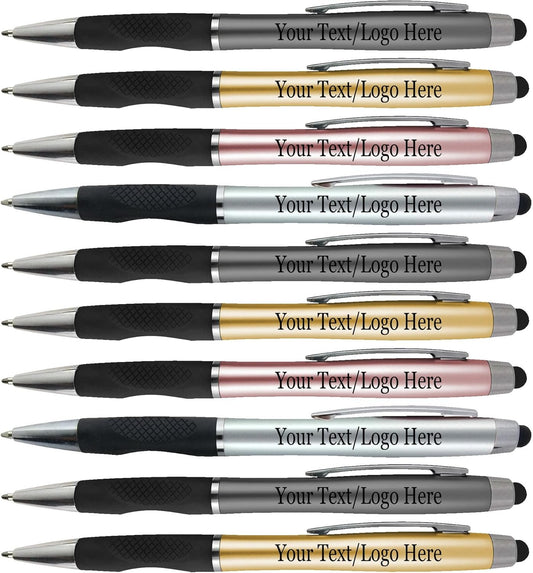Personalized Pens With your Custom Logo or Text-300 Pack Bulk-for Businesses, Parties, and Events, 2 in 1 Ballpoint Pen + Capacitive Stylus for Touchscreen Devices, Light Assorted Barrels, Blue Ink
