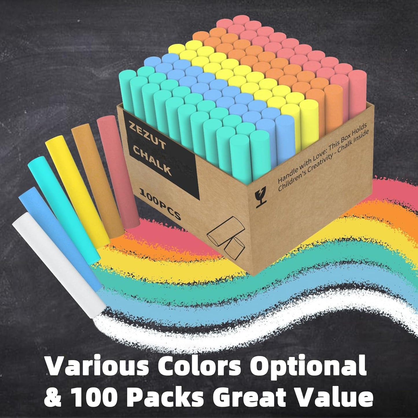 Colored Chalk 100PCS, Low Dust Chalks Stick Bulk for Chalkboard Blackboard Non-Toxic