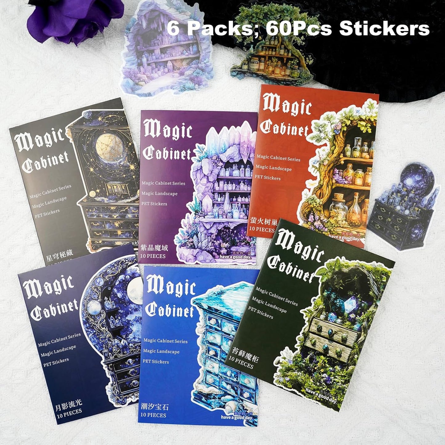 Magic Cabinet PET Stickers Set, 60PCS Fantasy Journal Stickers for Scrapbooking DIY Crafts Planner