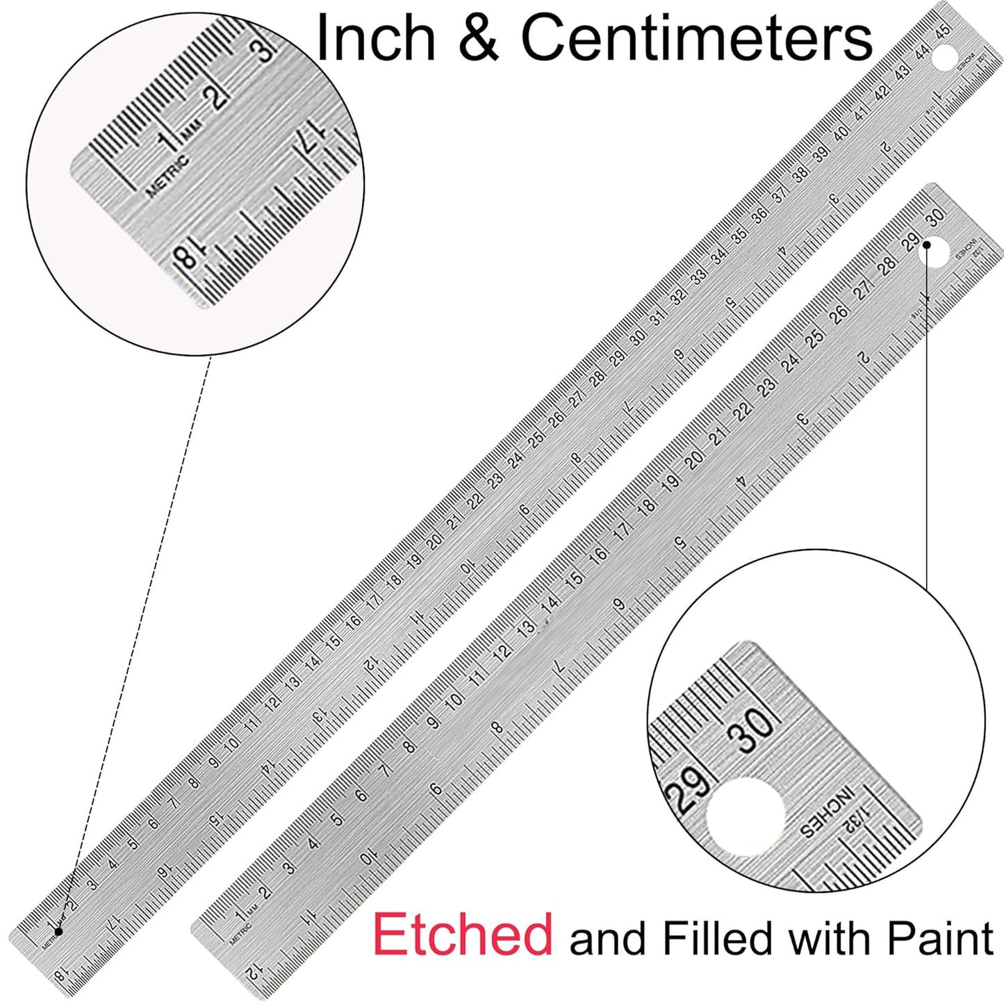 Metal Ruler with Cork Backing, 12 Inch & 18 Inch Stainless Steel Rulers, Non-Slip Straight Edge Measuring Tools with Inch and Centimeter Markings for School, Office, Woodworking