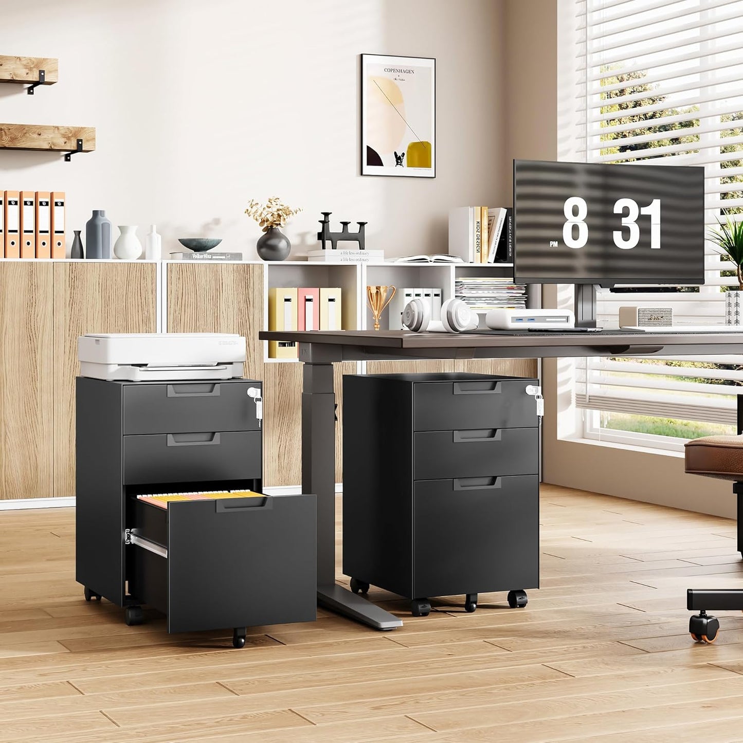 Mobile File Cabinet,3 Drawer Locking Storage Filing Cabinet,Office Metal Storage Cabinet on Wheels for Legal/Letter/A4 File(Fully Assembled，Black)