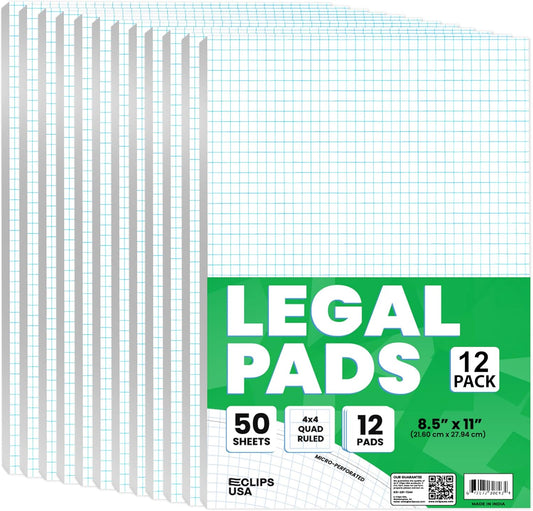 E-CLIPS USA Graph Paper Pad, Graph Paper Notebook, 4 x 4 An Inch Quad Ruled Graph Paper Pad, Graph Paper Pads 8.5 x 11, Drafting Paper, 50 Sheets Per Pad (12 Pack)