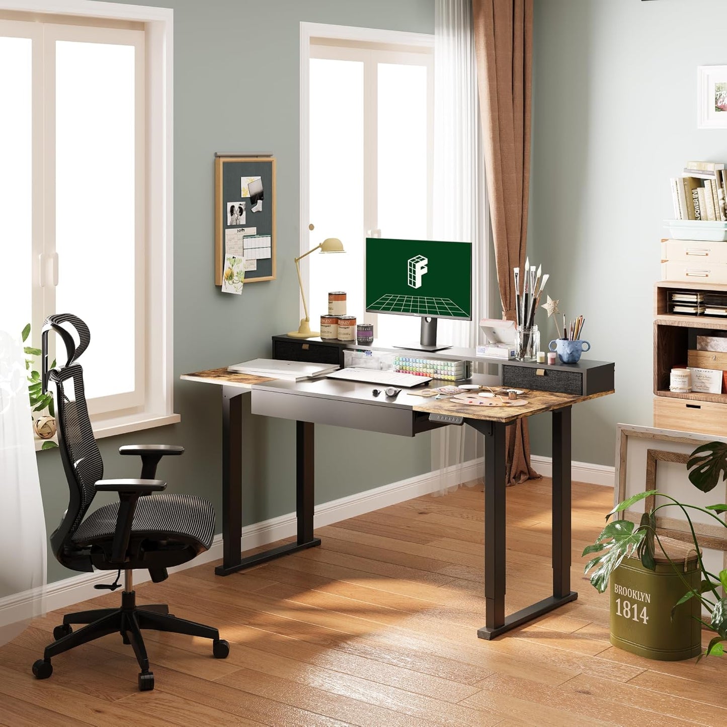 FLEXISPOT 63x32 in 4-Leg Standing Desk with Storage Electric Adjustable Height with 3 Drawers & Shelving Home Office Workstation (Black + Special Walnut Top)