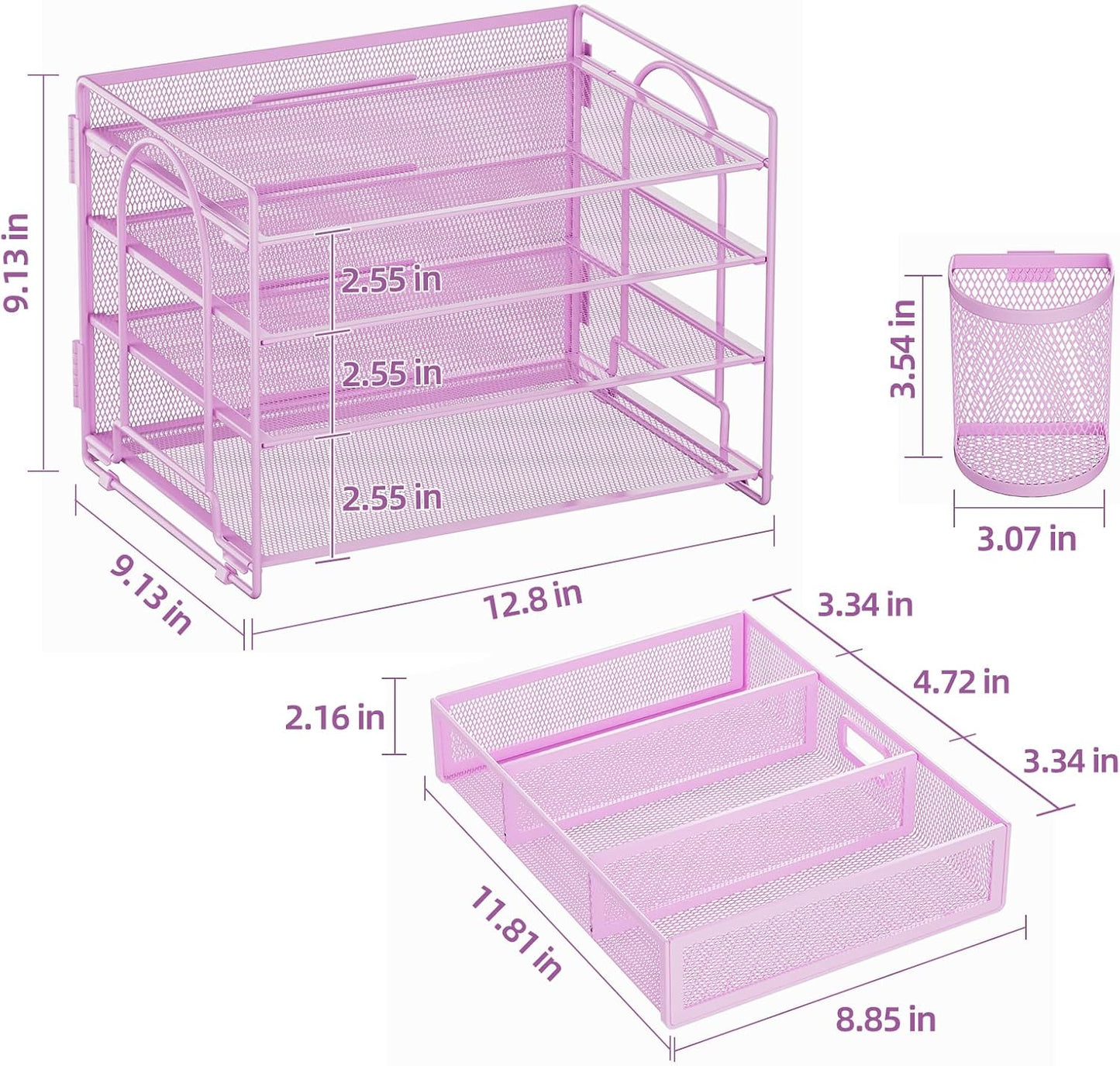 Marbrasse 4-Trays Desk File Organizer with 2 Pen Holder, Desktop Hanging File Holder with Drawer, Paper Letter Tray Organizer (Purple)