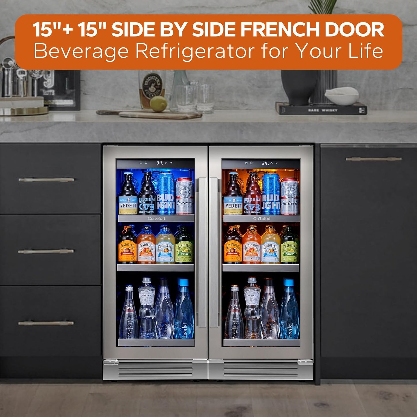 Ca'Lefort Beverage Refrigerator Cooler - 30 Inch 34-54°F Beverage Fridge Glass Door, Drink Fridge Glass Door 3 LED Beverage Cooler Built-in or Freestanding, Perfect for Home/Kitchen(6.0 Cu.ft)