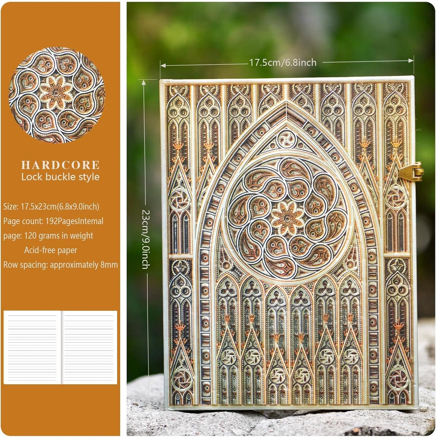 Retro 3D Gothic Vault Hot Stamp Hardcover Journal – 192 Blank Lined Pages w/Envelope Pocket – Luxury Notebook, Travel Diary & Wedding Anniversary