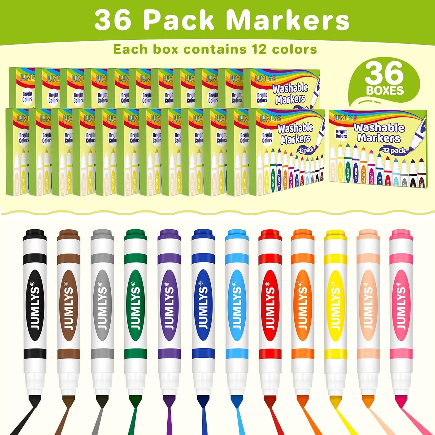 Jumlys 36 Boxes Washable Markers with 12 Colors, Bulk Color Marker for School Classroom, 432 Count Broad Tip Markers for Kids, Classroom Must Haves