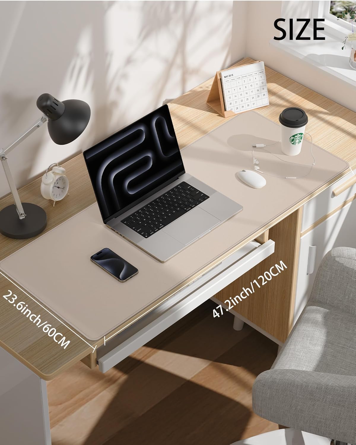 Extra Large Desk Pad Mat - Waterproof Mouse Pad & Desk Protector, Non-Slip XXL PU Leather Gaming Mat for Keyboard/Mouse, Stitched Edge with Ergonomic Support, 47.2"x23.6" (Beige)