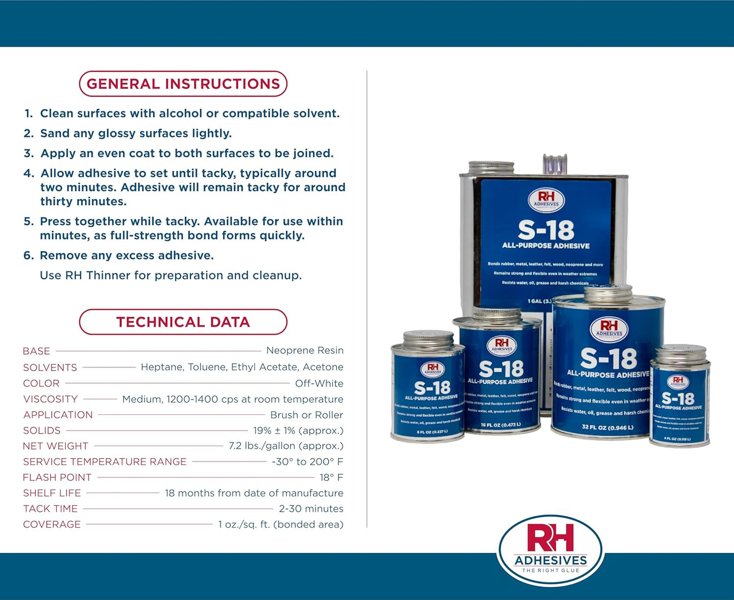 S-18 All-Purpose Adhesive, 32 oz. can - RH Adhesives